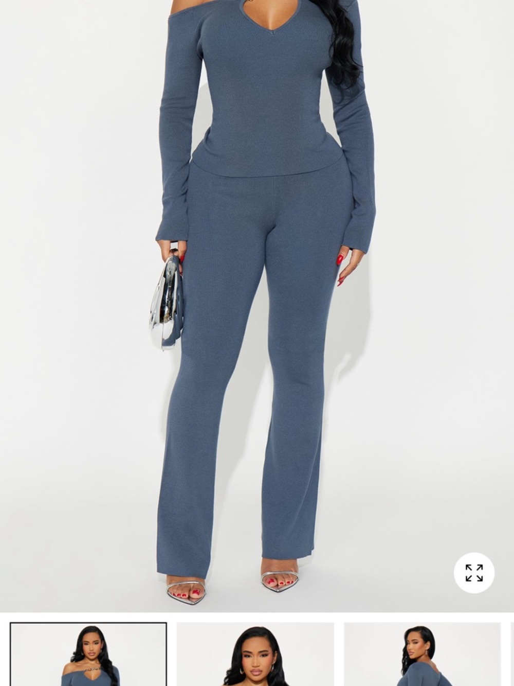 Fashion Nova Off-Shoulder Ribbed Flare Jumpsuit - Slate Blue